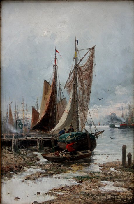 Adolf Kaufmann (1848/58? - 1916) - Fishing boats off Vlissingen / Holland