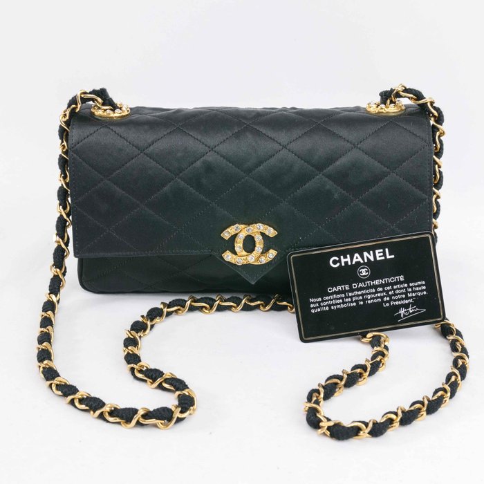 Chanel - CHANEL Satin Quilted Crystal CC Evening Flap Black - Håndtaske