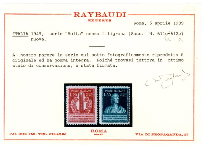 Den Italienske Republik 1949/1949 - hvælving uden vandmærke MNH certifikat - Sassone 611a-612a