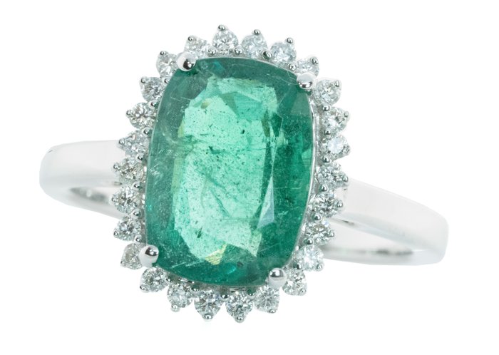 Ingen mindstepris - Ring - 18 kraat Hvidguld, Intens/Vivid Green (Zambia) -  3.42ct. tw. Smaragd - Diamant - 0,29ct - SI