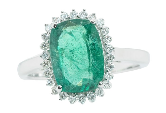 Ingen mindstepris - Ring - 18 kraat Hvidguld, Intens/Vivid Green (Zambia) -  3.42ct. tw. Smaragd - Diamant - 0,29ct - SI