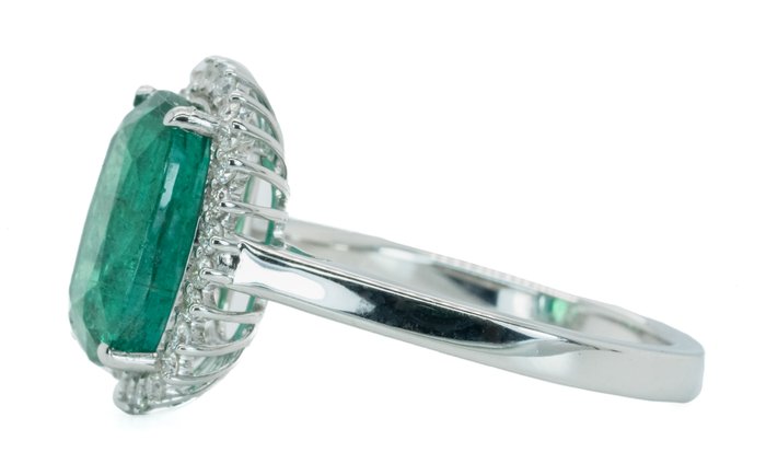 Ingen mindstepris - Ring - 18 kraat Hvidguld, Intens/Vivid Green (Zambia) -  3.42ct. tw. Smaragd - Diamant - 0,29ct - SI