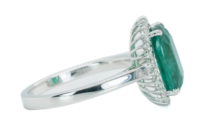 Ingen mindstepris - Ring - 18 kraat Hvidguld, Intens/Vivid Green (Zambia) -  3.42ct. tw. Smaragd - Diamant - 0,29ct - SI