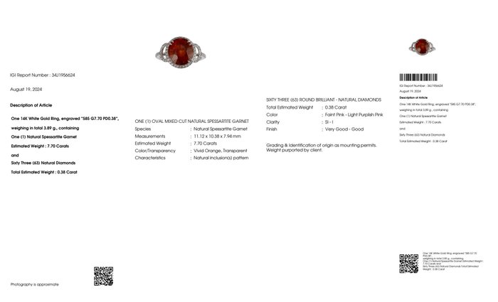 Ingen mindstepris - Forlovelsesring - 14 karat Hvidguld -  8.08ct. tw. Spessartin - Diamant - IGI 7,70 ct Vivid Fanta