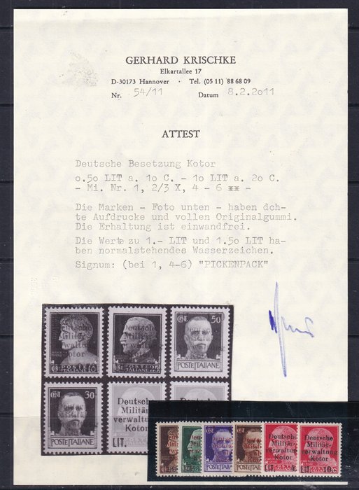 Tyske Rige - Besættelse af Kotor (1944) 1944 - CERTIFIKAT: G.Krischke. - Michel; 1/6