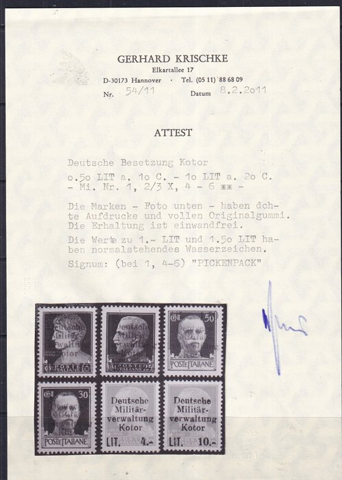 Tyske Rige - Besættelse af Kotor (1944) 1944 - CERTIFIKAT: G.Krischke. - Michel; 1/6