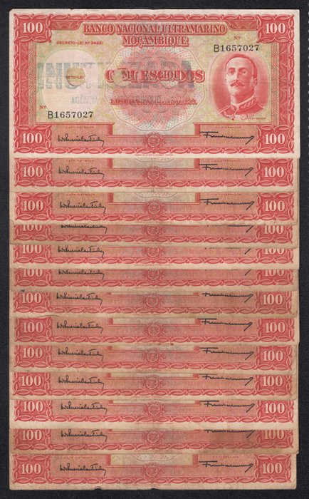 Mozambique. - 13 x 100 Escudos 1958 - Pick 107 - all hole cancelled.  (Ingen mindstepris)