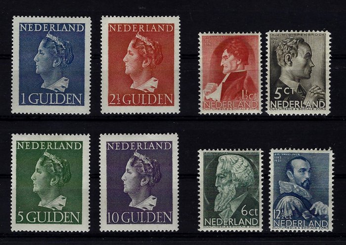 Holland 1935/1946 - Konijnenburg frimærker, sommermærker og Wilhelmina frimærker høje værdier. - NVPH 274-277, en 346-349