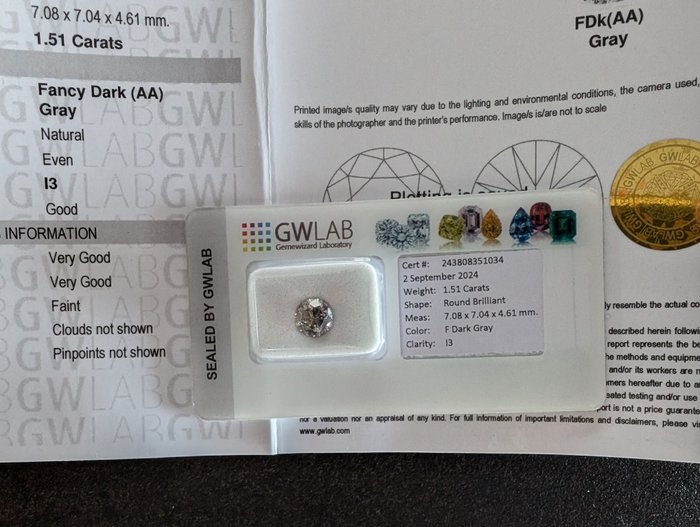 Ingen mindstepris - 1 pcs Diamant  (Naturfarvet)  - 1.51 ct - Rund - Fancy dark Grå - I3 - Gemewizard Gemological Laboratory (GWLab)