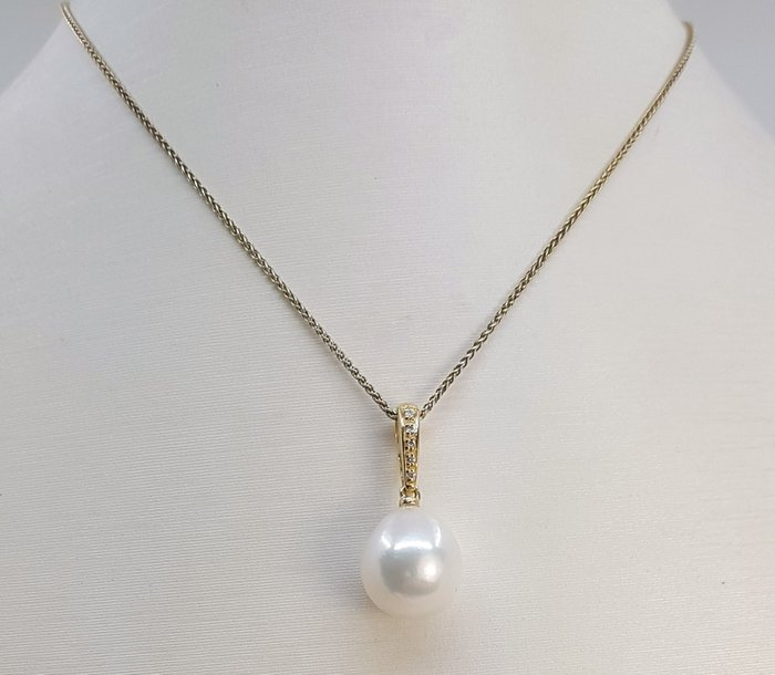 Halskæde med vedhæng - 14 karat Gulguld -  0.04ct. tw. - 11x12mm Edison Pearl