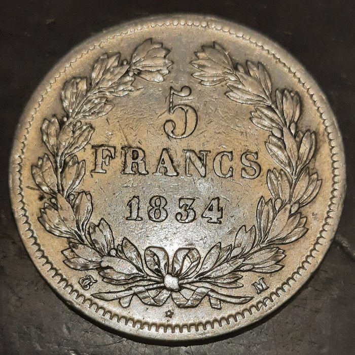 Frankrig. Ludvig-Filip 1. (1830-1848). 5 Francs 1834-M, Toulouse  (Ingen mindstepris)