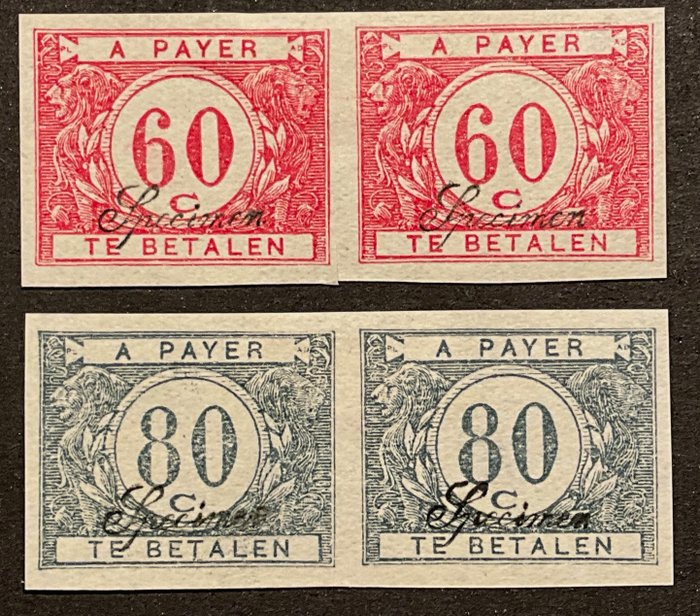 Belgien 1922 - Frimærker - 60c Rød + 80c Grå - UNPERTENED i par med SPECIMEN - TX 40ND - TX 42ND