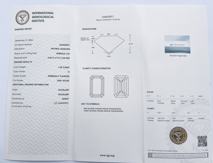 1 pcs Diamant  (Natur)  - 1.00 ct - Smaragd - D (farveløs) - IF - International Gemological Institute (IGI) - *VG EX*