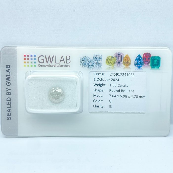 Ingen mindstepris - 1 pcs Diamant  (Natur)  - 1.55 ct - Rund - G - I3 - Gemewizard Gemological Laboratory (GWLab)