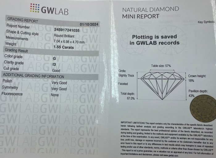 Ingen mindstepris - 1 pcs Diamant  (Natur)  - 1.55 ct - Rund - G - I3 - Gemewizard Gemological Laboratory (GWLab)