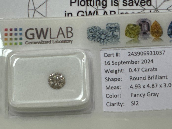 Ingen mindstepris - 1 pcs Diamant  (Naturfarvet)  - 0.47 ct - Rund - Fancy Grå - SI2 - Gemewizard Gemological Laboratory (GWLab)