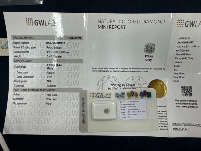 Ingen mindstepris - 1 pcs Diamant  (Naturfarvet)  - 0.47 ct - Rund - Fancy Grå - SI2 - Gemewizard Gemological Laboratory (GWLab)