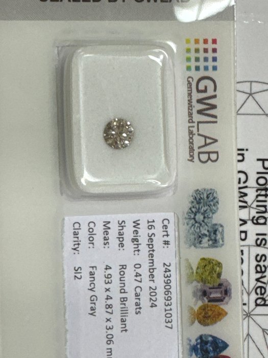 Ingen mindstepris - 1 pcs Diamant  (Naturfarvet)  - 0.47 ct - Rund - Fancy Grå - SI2 - Gemewizard Gemological Laboratory (GWLab)