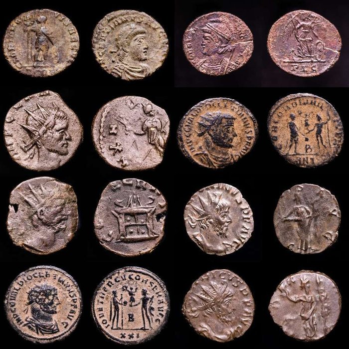 Romarriket. Claudius II, Tetricus I, Victorinus, Diocletian, Constantinopolis and Gratian. Antoninianus, Follis, Maiorinas. Lot comprising eight (8) coins: III-IV centuries AD.  (Ingen mindstepris)