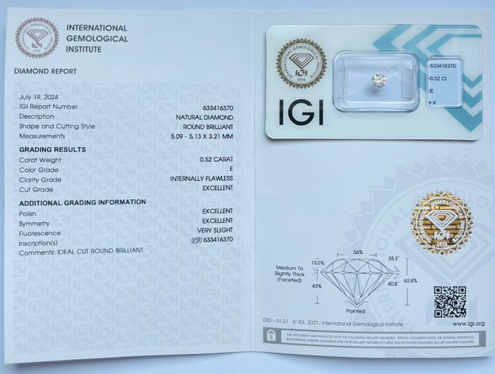 1 pcs Diamant  (Natur)  - 0.52 ct - Rund - E - IF - International Gemological Institute (IGI) - Ex Ex Ex