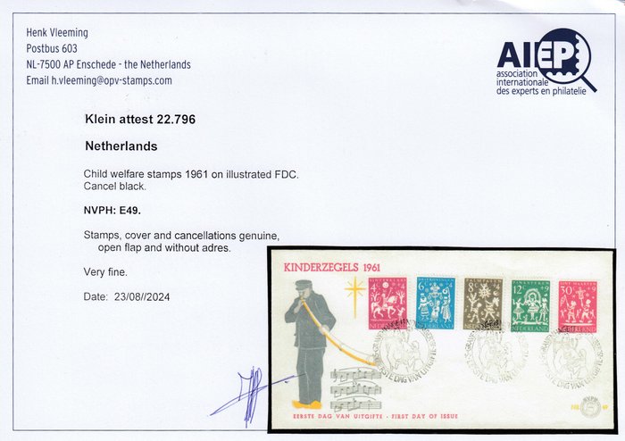 Holland 1961/1961 - Holland Kinderzegels 1961 NVPH: E49 FDC Med VLEEMING Certifikat