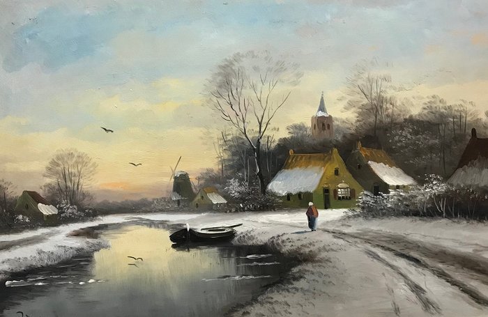 Hollandse School (XX) - Boerin wandelend langs een vaart in een Winterlandschap