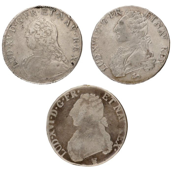 Frankrig. Louis XV, Louis XVI. 1 Ecu 1739/1791 (3 stuks)  (Ingen mindstepris)