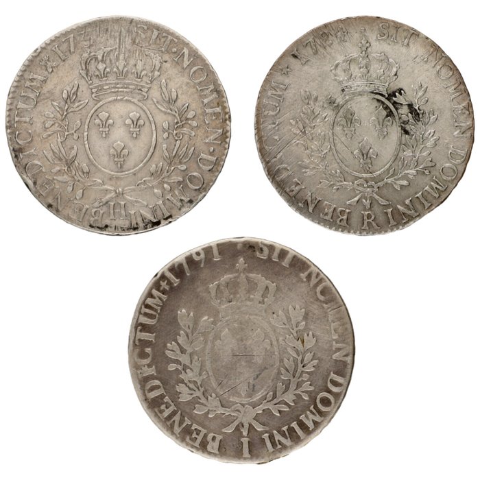 Frankrig. Louis XV, Louis XVI. 1 Ecu 1739/1791 (3 stuks)  (Ingen mindstepris)