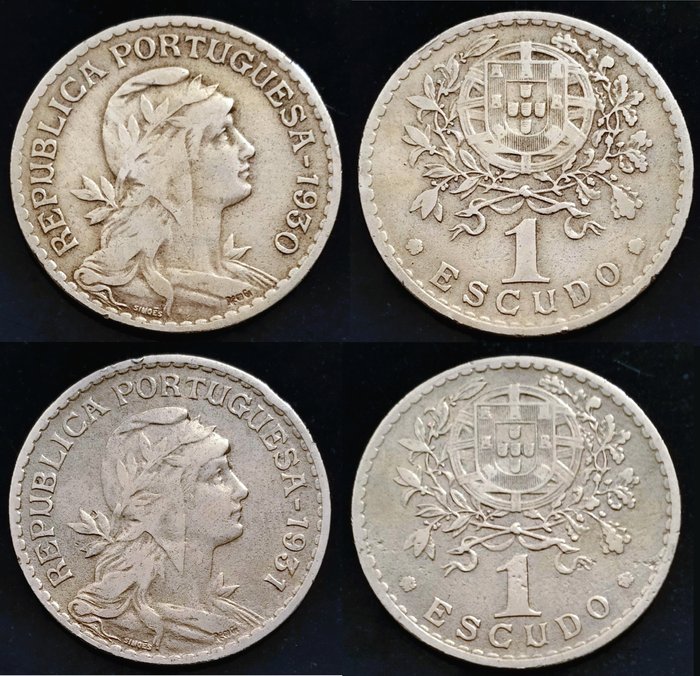 Portugal Republic 1 Escudo - 1930 + 1931 - Alpaca - Raras - (2 moedas)  (Ingen mindstepris)