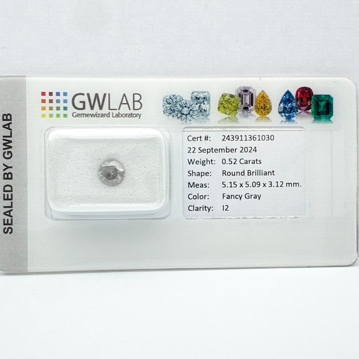 Ingen mindstepris - 1 pcs Diamant  (Naturfarvet)  - 0.52 ct - Rund - Fancy Grå - I2 - Gemewizard Gemological Laboratory (GWLab)