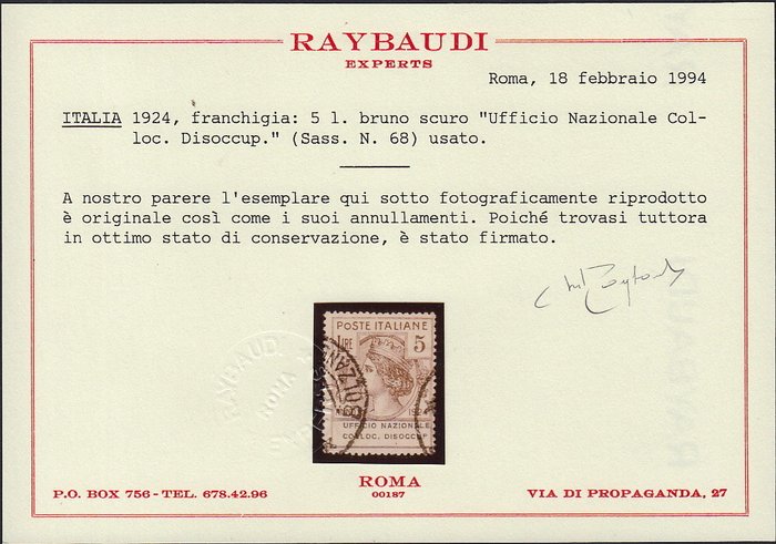 Italien Kongerige 1924 - Semi-statslige organer, serie "Det nationale arbejdsløshedskontor." brugt med originale aflysninger. - n. 62/68