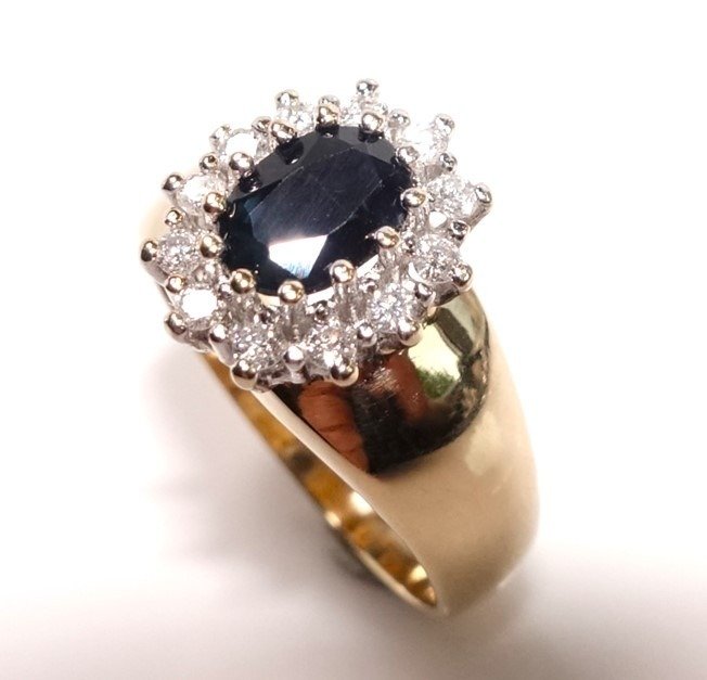 Ring - 14 karat Gulguld, Hvidguld -  0.90ct. tw. Diamant (Natur)  - Safir