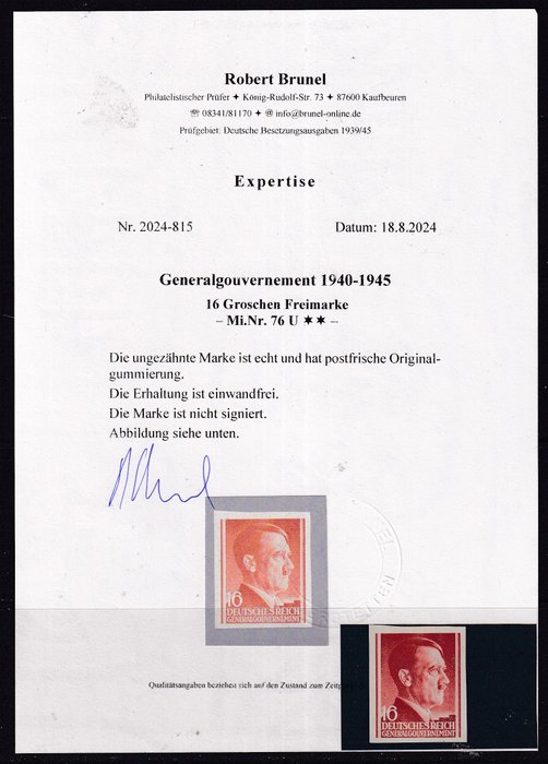 Generalgouvernement 1941 - Uperforeret spørgsmål Adolf Hitler. CERTIFIKAT: R. Brunel - Michel: 76 U