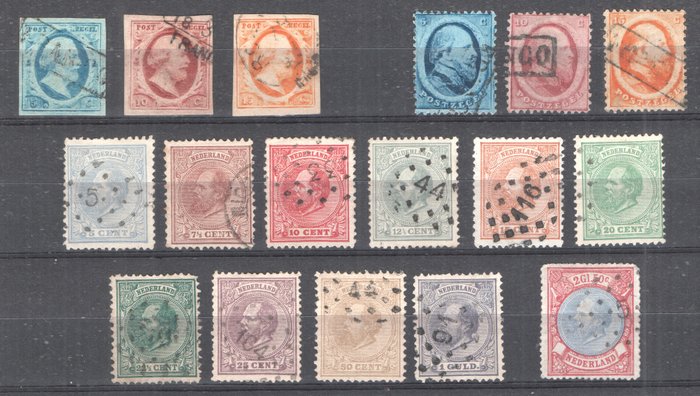 Holland 1852/1888 - Kong Vilhelm III - 1., 2. og 4. nummer - NVPH 1/3 - 4/6 - 19/29