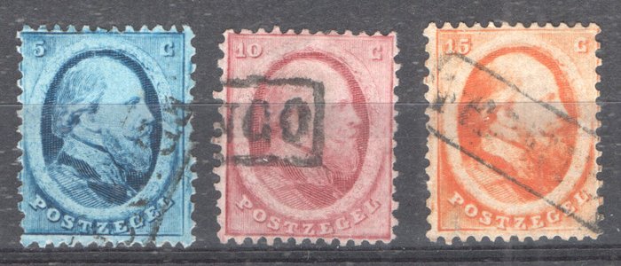 Holland 1852/1888 - Kong Vilhelm III - 1., 2. og 4. nummer - NVPH 1/3 - 4/6 - 19/29