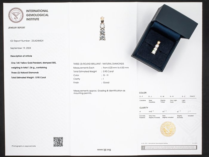 Ingen mindstepris - Vedhæng - 14 karat Gulguld, Ingen reserve - 0,95 ct diamanter - trilogi - IGI-certificeret -  0.90ct. tw. Diamant (Natur)