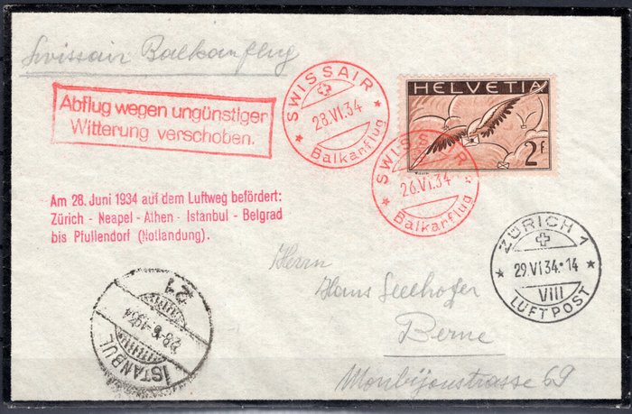 Schweiz 1934 - Swissair Balkan fly via Istanbul til Bern