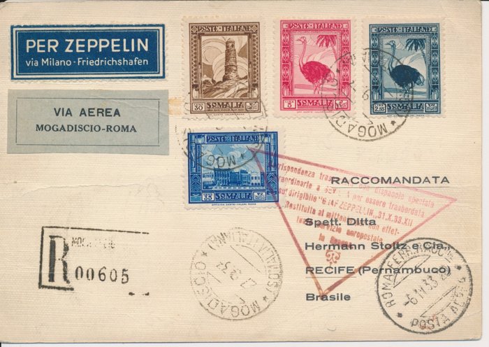 Italienske Somalia 1933 - Zeppelin luftskib LZ 127 - 9. Sydamerika tur, anbefalet post, fra Mogadishu til Recife - mit den Marken "Pittorica", dabei die gute 2,55 Lire Sassone No. 180. Longhi 347H