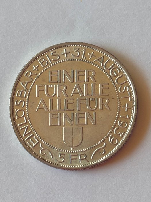 Schweiz. 5 Francs 1939. Lucerne. High Grade.  (Ingen mindstepris)