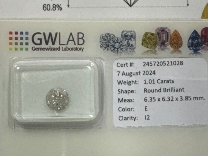 Ingen mindstepris - 1 pcs Diamant  (Natur)  - 1.01 ct - Rund - E - I2 - Gemewizard Gemological Laboratory (GWLab)