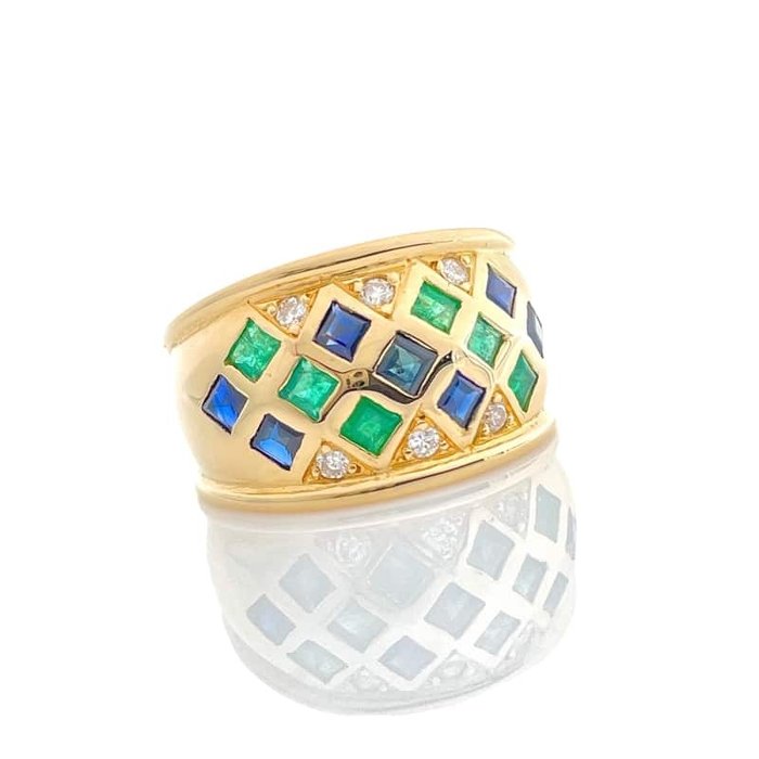 Ring - 18 kraat Gulguld -  080ct tw Smaragd - Safir - Safirer diamanter og smaragd