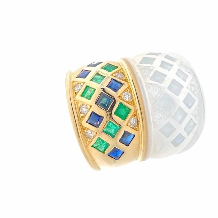 Ring - 18 kraat Gulguld -  080ct tw Smaragd - Safir - Safirer diamanter og smaragd