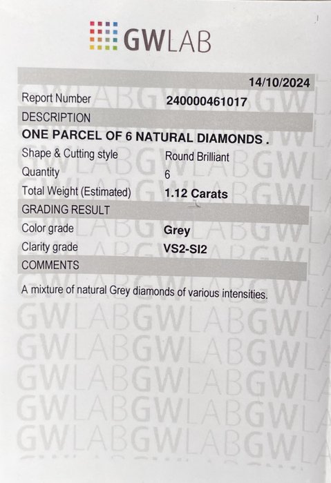 Ingen mindstepris - 6 pcs Diamant  (Natur)  - 1.12 ct - Rund - SI2, VS2 - Gemewizard Gemological Laboratory (GWLab) - Grå