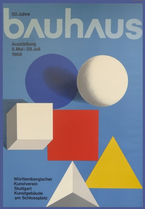 Herbert Bayer - Affiche originale d'exposition - Les 50 ans du Bauhaus - Stuttgart - 1968