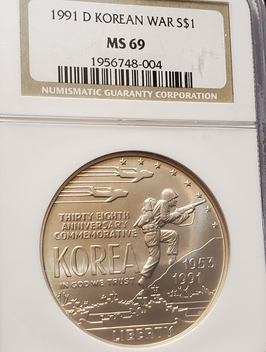 Förenta staterna. 1 Dollar 1991 D Liberty - Korean War, 1 Oz - Ms 69  (Ingen mindstepris)