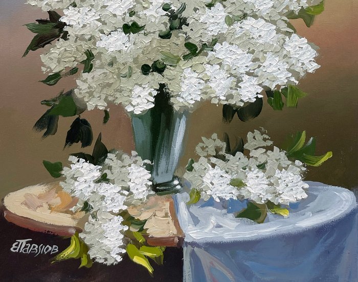 Eugène Pavlov (1958) - Lilas Blanc dans un Vase Transparent