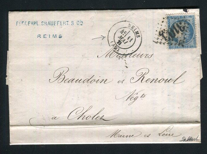 Frankrig 1871 - Sjældent brev fra Reims for Cholet (11. maj 1871) med et nummer 37