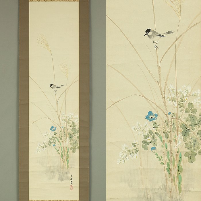 Autumn Flowers, Grasses, and Little Bird - with signature 'Shunpo Hitsu' 春浦 筆 and seal 'Sei In' 清印 'Shunpo' 春浦 - Japan  (Ingen mindstepris)