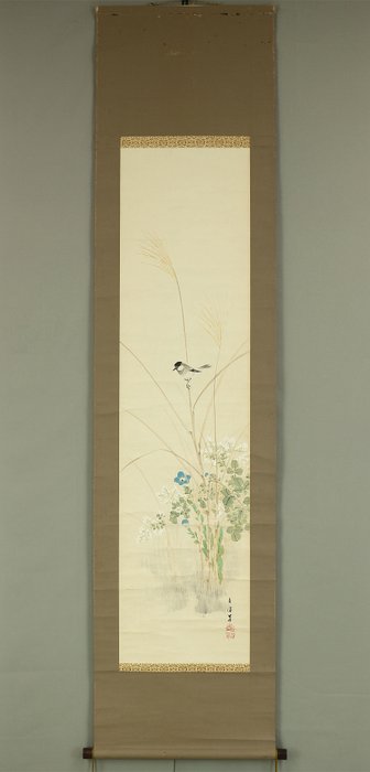 Autumn Flowers, Grasses, and Little Bird - with signature 'Shunpo Hitsu' 春浦 筆 and seal 'Sei In' 清印 'Shunpo' 春浦 - Japan  (Ingen mindstepris)