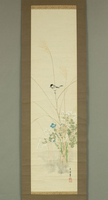 Autumn Flowers, Grasses, and Little Bird - with signature 'Shunpo Hitsu' 春浦 筆 and seal 'Sei In' 清印 'Shunpo' 春浦 - Japan  (Ingen mindstepris)